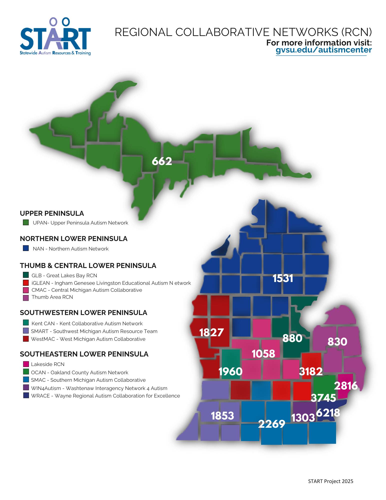 Map of Michigan with Students with Autism per RCN